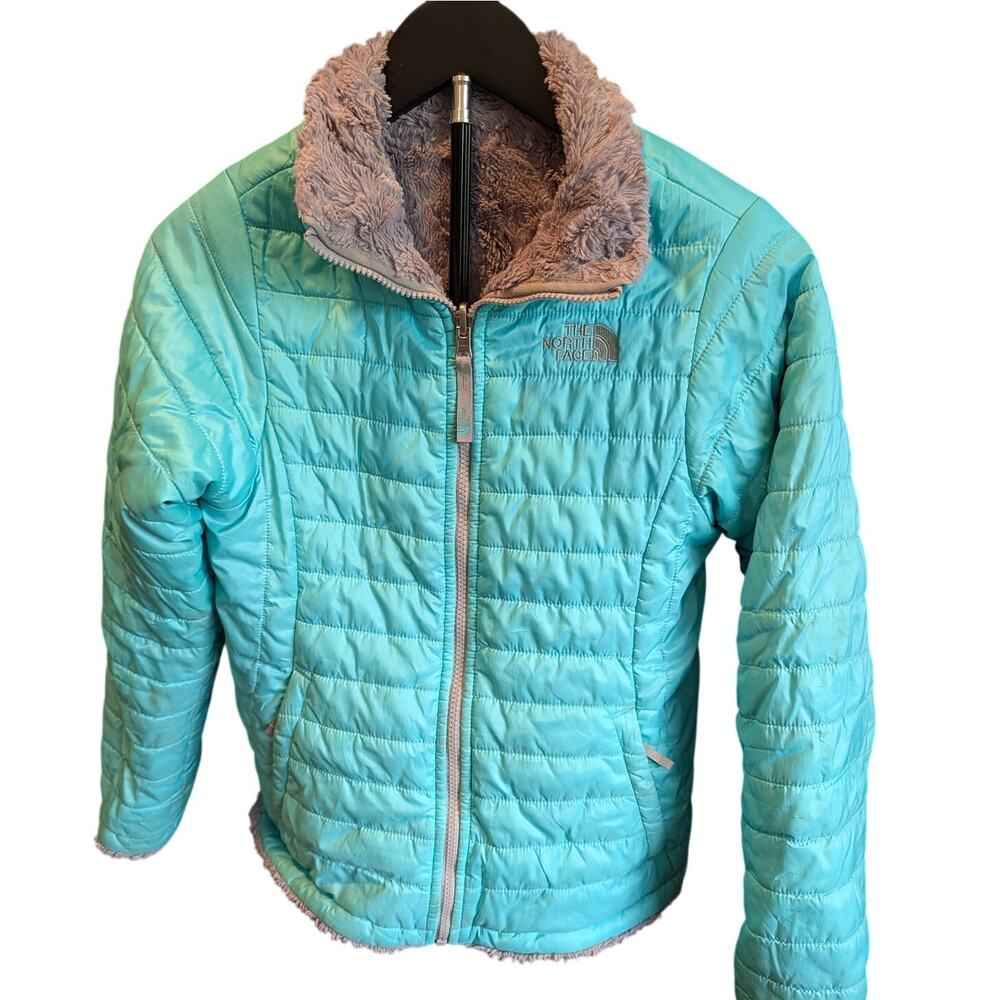 The North Face Girls L 10 12 Reversible Fleece Puffer Jacket Aqua Gray